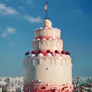 Skyscraper Turned into Layered Cake in a fake-out-of-home ad of Farol Santander