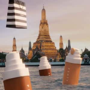 Foundation Bottle Floating in the River in a fake-out-of-home ad of Sephora