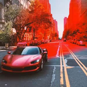 Car Paints the City Red in a fake-out-of-home ad of Ferrari