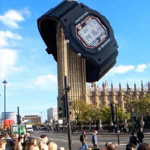 Big Ben Adorned with a Watch in a fake-out-of-home ad of G-SHOCK