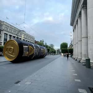 Beer Can-themed Tram in a fake-out-of-home ad of Best of Ireland