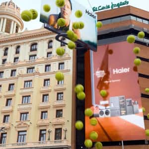Helicopter Lifts TV Dropping Tennis Balls in a fake-out-of-home ad of Haier