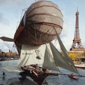 Flying Ship Lands on River in a fake-out-of-home ad of Hungry Minds