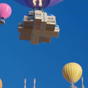 Boxes Delivered by Hot Air Balloons in a fake-out-of-home ad of IKEA