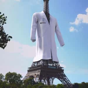 Eiffel Tower Wears Lab Coat in a fake-out-of-home ad of Institut Pasteur