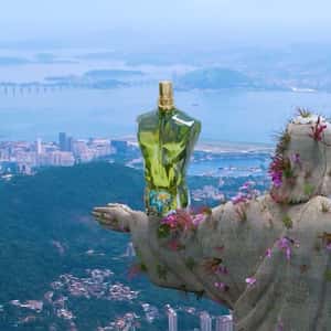 Flowers Bloom at Statue in a fake-out-of-home ad of Jean Paul Gaultier