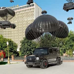 Parachutes Deliver SUVs in a fake-out-of-home ad of Mercedes-Benz