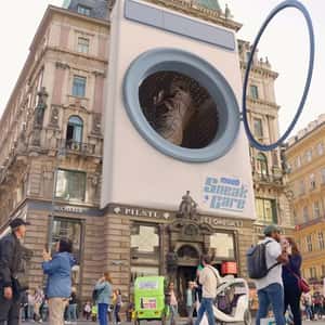 Sneaker Spins in Washing Machine in a fake-out-of-home ad of Moab SneakCare