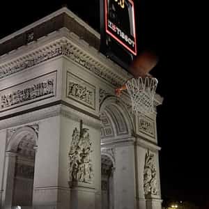 Basketball Shot at Ring on Monument in a fake-out-of-home ad of Tissot