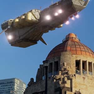 Spaceship Hovers Over City in a fake-out-of-home ad of Netflix