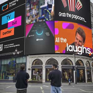 Man Grabs Popcorn from Digital Screen in a fake-out-of-home ad of Samsung