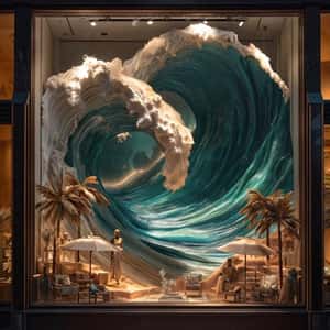 Waves Crashing in Window Display in a fake-out-of-home ad of AMIRI