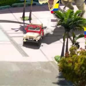 T-Rex Chasing a Jungle Jeep in a fake-out-of-home ad of Titán Plaza Centro Comercial