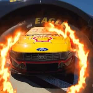 Racing Cars Assemble on Track in a fake-out-of-home ad of NASCAR