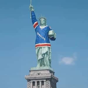 Lady Liberty Wears Hockey Jersey in a fake-out-of-home ad of New York Rangers