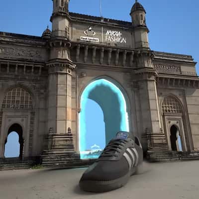Sneakers Pass Through Glowing Arc in a fake-out-of-home ad of Nykaa Fashion