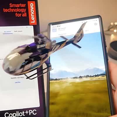 Helicopter Emerges from Phone Screen in a fake-out-of-home ad of Lenovo