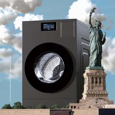 Washer Rises Beside Statue of Liberty in a fake-out-of-home ad of Samsung