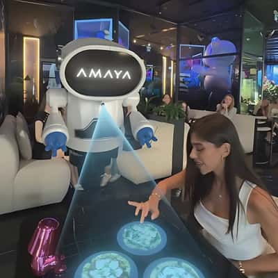 Flying Robot Servers Taking Orders in a fake-out-of-home-ad of Amaya
