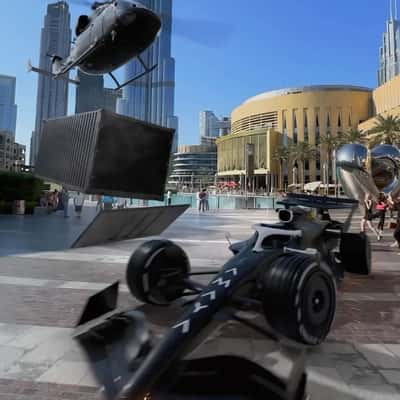 Helicopter Delivers F1 Car in a fake-out-of-home ad of Amaya Dubai