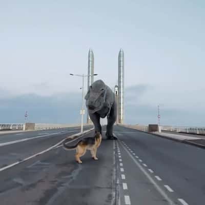 T-Rex and Dog Roaming at the Bridge in a fake-out-of-home ad of Quoifaireabordeaux