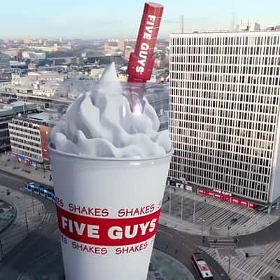 Milkshake Towering at Roundabout in a fake-out-of-home ad of Five Guys