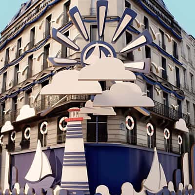 Moving Harbor Wood Art in a fake-out-of-home ad of Petit Bateau