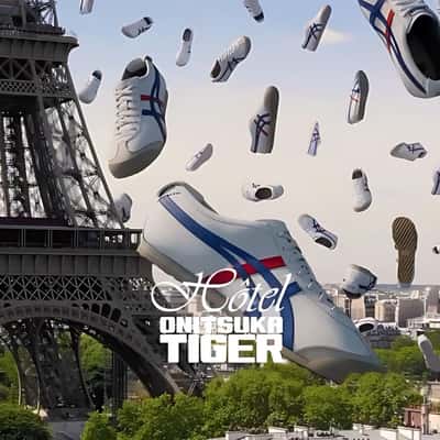 Shoes Ascending at Eiffel Tower in a fake-out-of-home-ad of Onitsuka Tiger