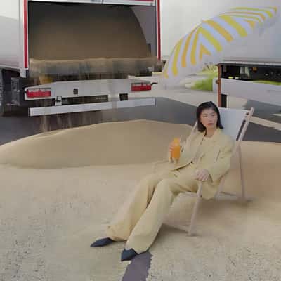 Truck Pours Sand on the Street in a fake-out-of-home ad of Drykorn