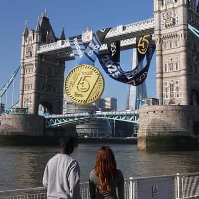 Finisher Medal Hangs on Bridge in a fake-out-of-home ad of London Marathon
