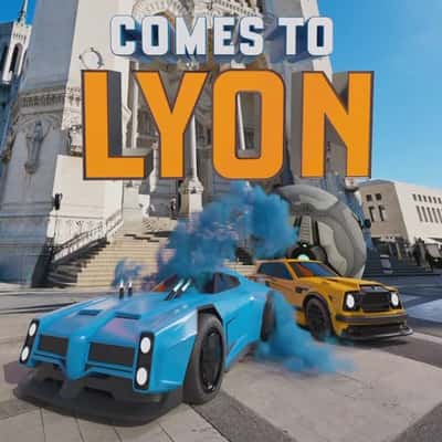 Sports Cars Chasing Ball on Street in a fake-out-of-home ad of Rocket League