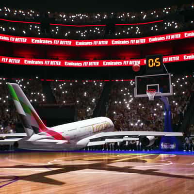 Airplane Shooting Basketball in a fake-out-of-home ad of Emirates