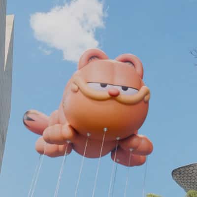 Garfield Balloon Hits into Billboard in a fake-out-of-home ad of Sony Pictures