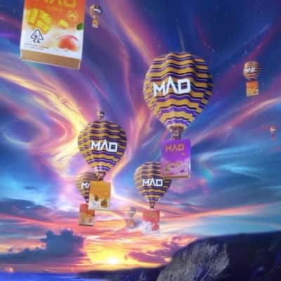 Hot Air Balloons with Vape Packages in a fake-out-of-home ad of MAD Labs