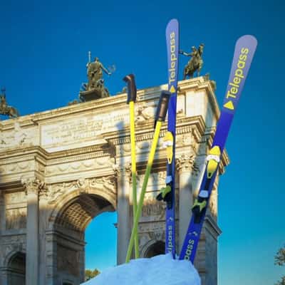 Ski Skates and Poles at Arc de Triomphe in a fake-out-of-home ad of Telepass