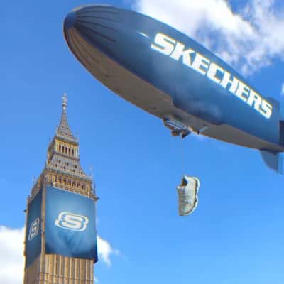 Airship Drops Shoe on Double-decker Bus in a fake-out-of-home ad of Skechers