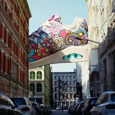 Shoe Carried by Crane at the Street in a fake-out-of-home ad of Skechers