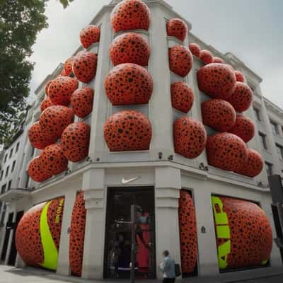 Orange Dotted Rubber Puffing out from Windows in a fake-out-of-home ad of Nike