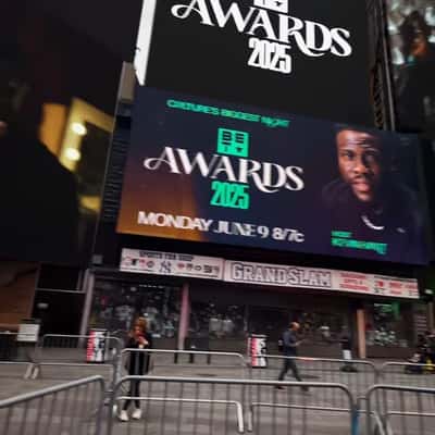Helicopters Carry Trophy Over Times Square in a fake-out-of-home ad of BET