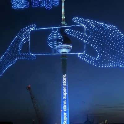 Drone Show Taking Photo of Tower in a fake-out-of-home ad of Samsung