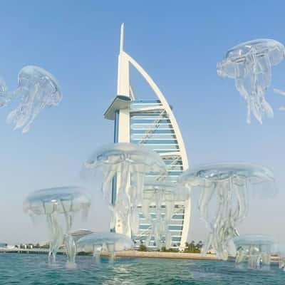 Jelly Fish Swims Above the Sea in a fake-out-of-home ad of BrandDubai