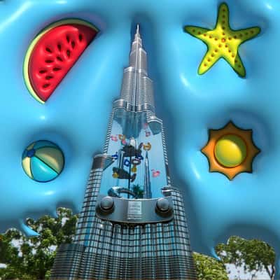 Ring Toss Game on Buildings in a fake-out-of-home ad of BrandDubai