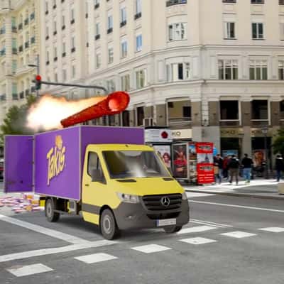 Flaming Stick Chips on Delivery Truck in a fake-out-of-home ad of Takis