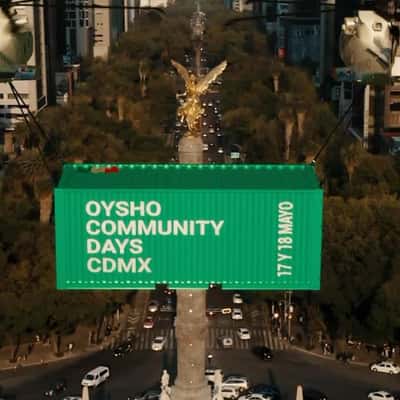 Helicopters Carry Green Container in a fake-out-of-home ad of OYSHO COMMUNITY