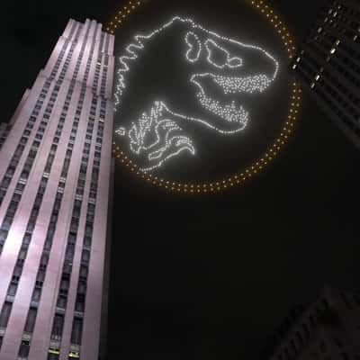 Flying Bird in Drone Light Show in a fake-out-of-home ad of Jurassic World