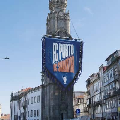 Banner Waves at Church Tower in a fake-out-of-home ad of FC Porto