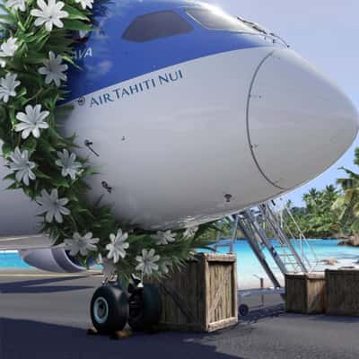Plane Wears Flower Garland in a fake-out-of-home ad of Air Tahiti Nui
