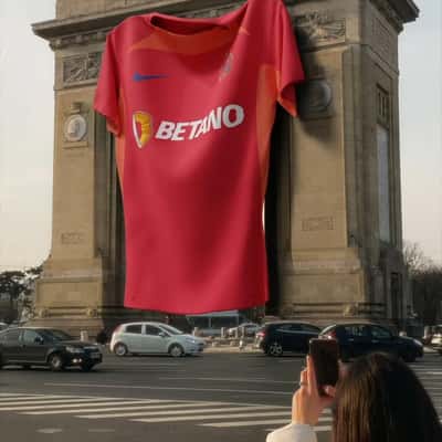 Jersey Hanging at Arcul de Triumf in a fake-out-of-home ad of Betano
