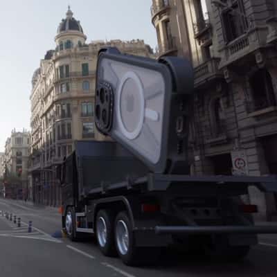 Phone with Case Drops from Truck in a fake-out-of-home ad of CASETiFY