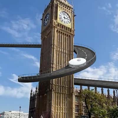 Highway Spirals Around Big Ben in a fake-out-of-home ad of Dreame